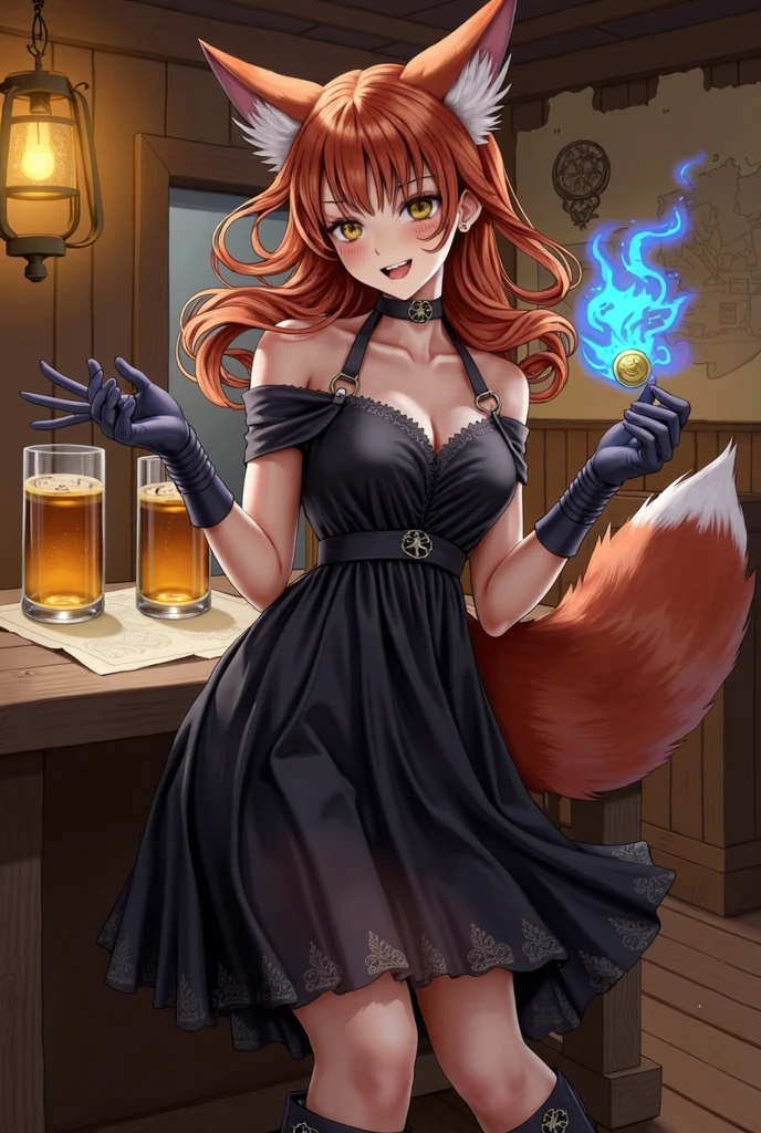 A orange haired fox woman with copper eyes and an hourglass figure and orange fox ears and an orange foxy tail in a pirate outfit is drinking at a bar at a pirate city with a big smile and a blush