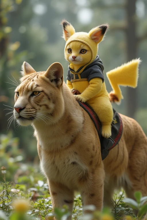 A chatra cat wearing a Pikachu costume is on the back of a big cat