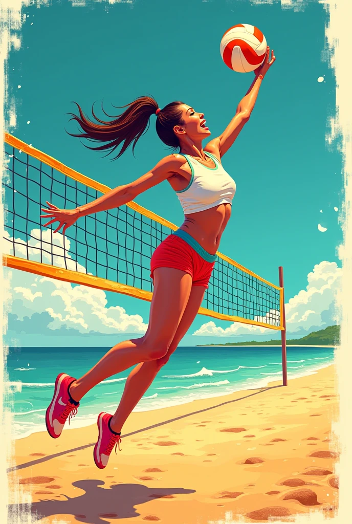 colorful, An Art Nouveau-inspired ((beach)) ((volleyball)) scene. The players are depicted with graceful, flowing lines and elegant poses, their movements reminiscent of dance. The volleyball net is adorned with intricate floral patterns, and the sand is stylized with swirling, organic shapes. The background features the ocean and sky with soft, pastel colors and delicate, decorative elements. The overall effect is one of beauty and harmony, blending natural forms with artistic elegance. Highly detailed, flowing lines, elegant design, organic shapes