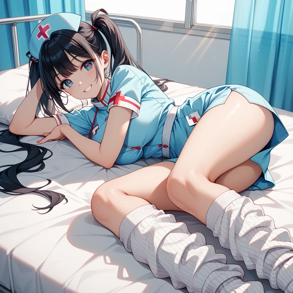 (Masterpiece, highest quality, high resolution, realistic photos, realistic looking skin:1.1),
(The woman is crouching with her legs closed with both knees and thighs together: 1.8),
(We are sitting directly in front of her to see her panties: 1.8),
(She is resting her elbows on both knees and resting her cheekbones on her cheekbones:1.5),
(glimpse of panties:1.5),
(She has a smirking smirk on her face:1.5),
(She is a nurse:1.5),
(She is wearing a white nurse's uniform and a white skirt, a nurse's cap on her head, white socks and nurse shoes:1.5),
(She has a name plate on her left breast:1.5),
(Her panties are white lace with a pattern on them:1.5),
(She has medium black hair: 1.5),
(Location: hospital examination room:1.5),
1 Japanese girl, solo, full bodied esbian, beautiful eyes, glowing eyes, glowing thighs, NSFW
