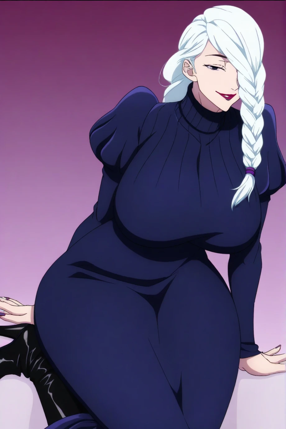 (best quality,4k,8k,highres,masterpiece:1.2), ultra-detailed, (realistic,photorealistic,photo-realistic:1.37), portraits, anime, vivid colors, studio lighting, sharp focus, physically-based rendering, professional, purple eyes, white long hair, tanned skin, serious face, body with feminine curves, perfect curves, wearing black night dress