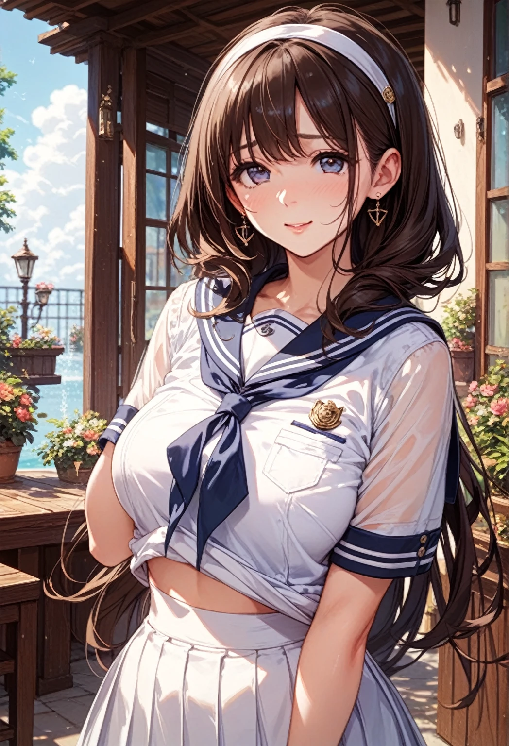 ((((, , perfect anatomy, super detailed skin)))), 1 girl, japanese, , shiny skin, large breasts:0.5, watching the view, (smile:1.5),
beautiful hair, beautiful face, beautiful detailed eyes, (long hair:1.4, twintails:1.7), blond hair, beautiful clavicle, beautiful body, beautiful chest, beautiful thigh, beautiful legs, beautiful detailed fingers, five fingers, babyface, , breast, mole under eye,
((navy school uniform, short sleeves, navy pleated skirt, sailor collar, extremely sexy, , white panties, thong, crotch, seductive thighs, camel toe)),
(beautiful scenery), evening, , (lake), standing,
(8k, top-quality, masterpiece:1.2, extremely detailed, , ), (photorealistic), beautiful illustration, cinematic lighting,