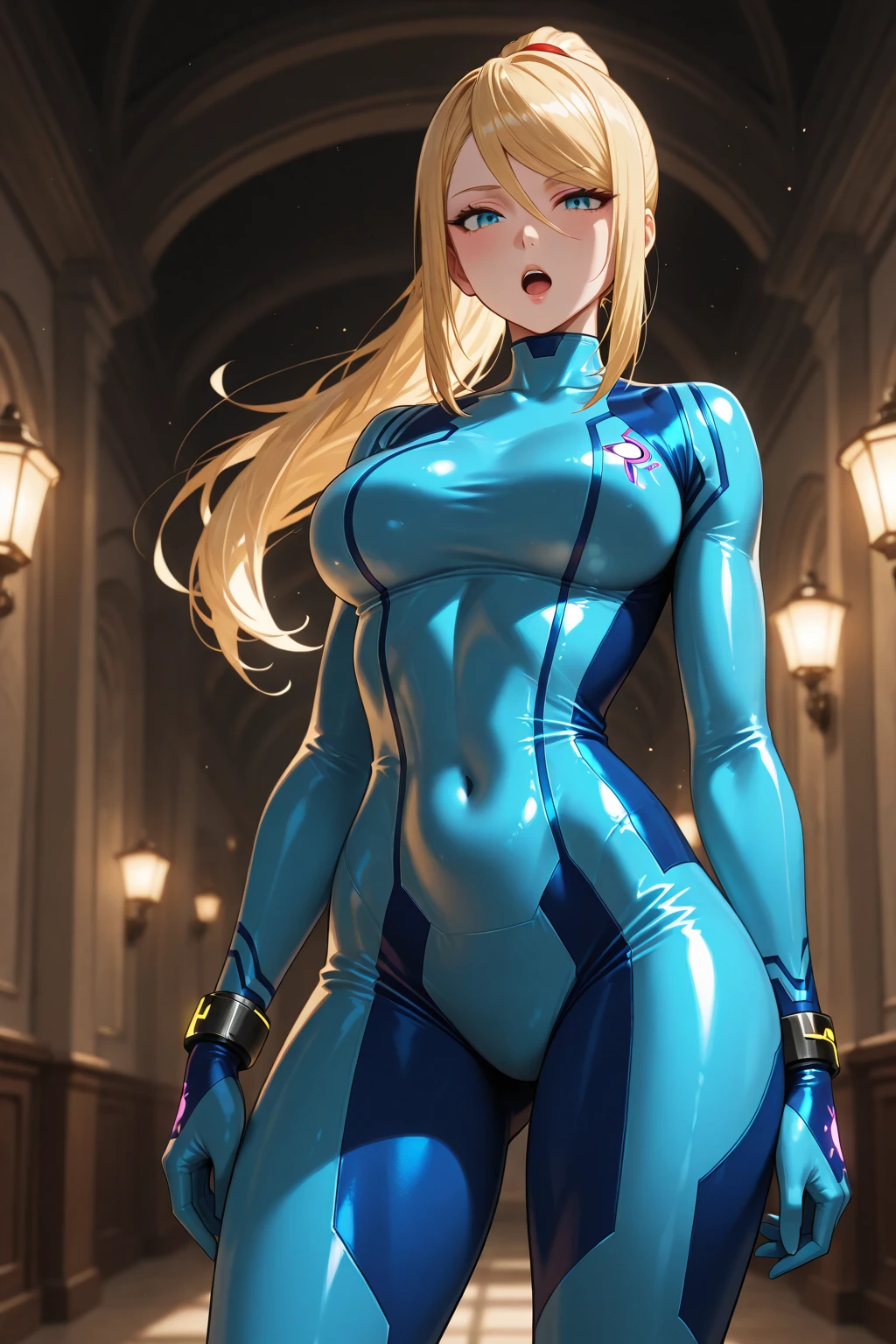 (anime,masterpiece, top quality, best quality,beautiful and aesthetic:1.2,professional illustrasion:1.1,ultra detail:1.3, official art, professional illustrasion, Ultra-detailed depiction, Ultra-precise depiction, extremely detailed 8k illustration, highres, ultra detailed painting, soft shadows), (girl), samus aran голая, cool beauty, milf, glossy, (golden long hair), (ponytail), big breasts, perfect body, pubic hair, blue samus aran suit 