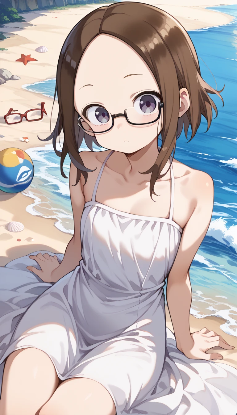 Mie Ai、1 girl、Wavy hair、glasses、small breasts、he is short、、High resolution、highest quality、detailed face、beach、full nude、Wedgie、looking here