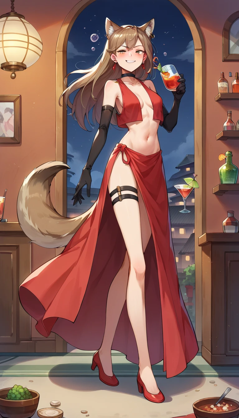 score_9, score_8_up, score_7_up, score_6_up, source anime,1girl,(holo),spice and wolf,solo,wolf girl,wolf ears,wolf tail,light, brown hair,small breasts,center opening,cleavage,navel,bare back,slim,slim legs,long hair,earings,looking at viewer,(smirk,drunk),(loose clothes),red evening gown,elbow gloves,sleeveless,backless,see-through,thigh strap,heels,choker,jewelry,indoor,(cocktail party),best quality,amazing quality,very aesthetic,absurdres