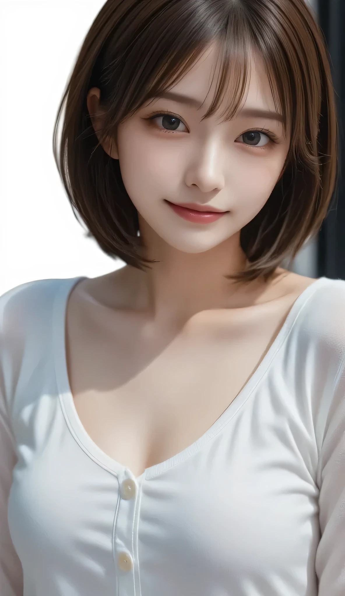 Masterpiece、Best Quality、Illustration、 Super detailed、Fine details、 High resolution、8K Denden Wallpaper、Perfect dynamic composition、Cute 27 year old girl、Sweet girl、Detailed beautiful face、Detailed cute eyes、Textured skin、A modest smile、Wavy short hair、Small breasts、Shoulder strap sleeveless shirt、Bold sexy pose、