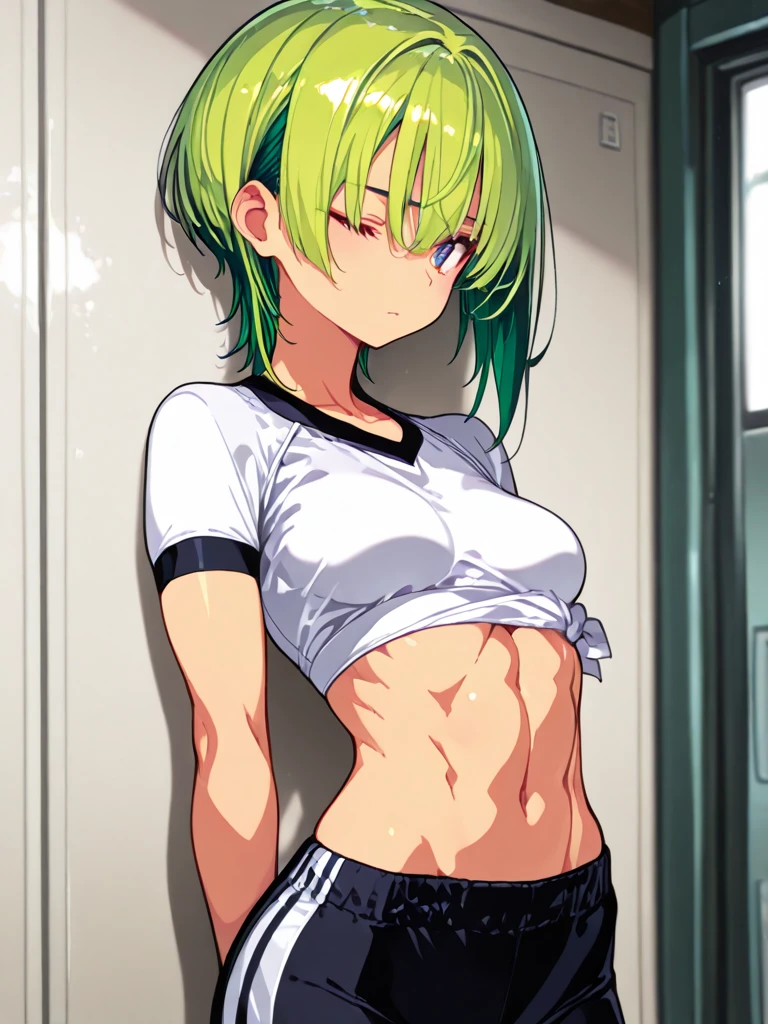1girl,mature female,solo,backview, Perfect butt, small waist,green hair,medium hair,long bangs, water green eyes, shy expression,(chocker), Crop top, short sports shorts, pantie thread at the height of the abdomen, from the back in your room, interesting perspective, golden proportion, aurea proportion Blushed,flat tummy, sweat, and sweat, pet collar