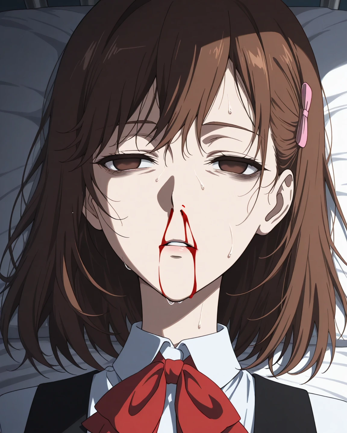 ((27 years old, open eyes)), (8K, top quality, masterpiece: 1.2), (red eyes)), (very desperate expression, red eyes, very frightened), ((tears, distressed face, bitterly crying face, sharp long vampire fangs in open mouth))
