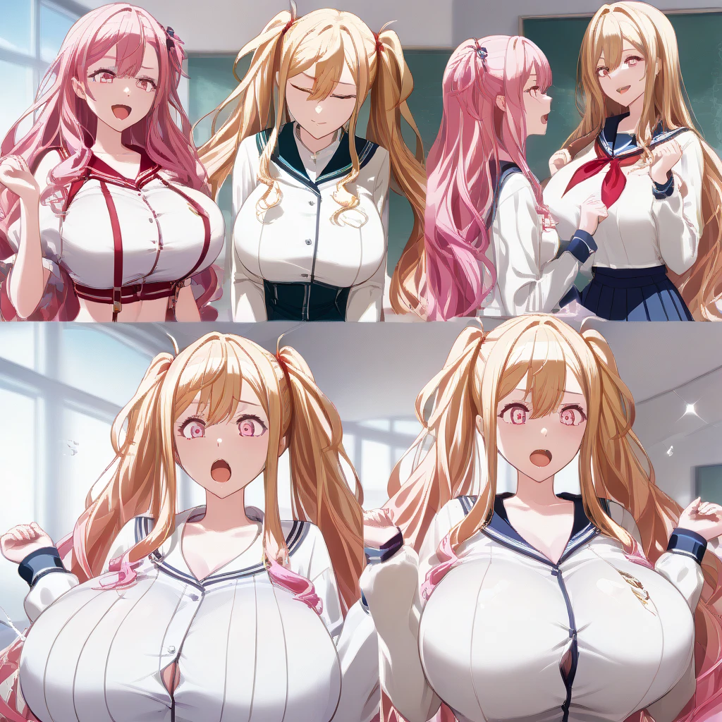 anime characters posing in front of a wall with a background, ????? style, ????? anime style, ?????, oppai, anime maids riding early tanks, anime cover, art cover, kantai collection style, tensei shitara slime datta ken, a hyperrealistic schoolgirl, oppai proportions, doujin, biomechanical oppai