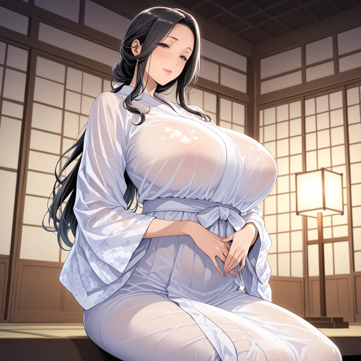 (Night:1.7), east asian architecture,
sitting at attention,sitting on Tatami,
White_kimono,
black_hair, long_hair, hair_pulled_back,parted_lips,purple_eyes, braid,
1 girl, Manga,20yo,mature female,Beautiful Finger,Beautiful long legs,Beautiful body,Beautiful Nose,Beautiful character design, perfect eyes, perfect face,
looking at viewer,(innocent_big_eyes:1.0),(Light_smile:1.0),
official art,extremely detailed CG unity 8k wallpaper, perfect lighting,Colorful, Bright_Front_face_Lighting,
(masterpiece:1.0),(best_quality:1.0), ultra high res,4K,ultra-detailed,
photography, 8K, HDR, highres, absurdres:1.2, Kodak portra 400, film grain, blurry background, bokeh:1.2, lens flare, (vibrant_color:1.2)
(Beautiful,gigantic_Breasts:1.4), (beautiful_face:1.5),(narrow_waist),(cleavage cutout:1.4), (pregnant:1.6)
