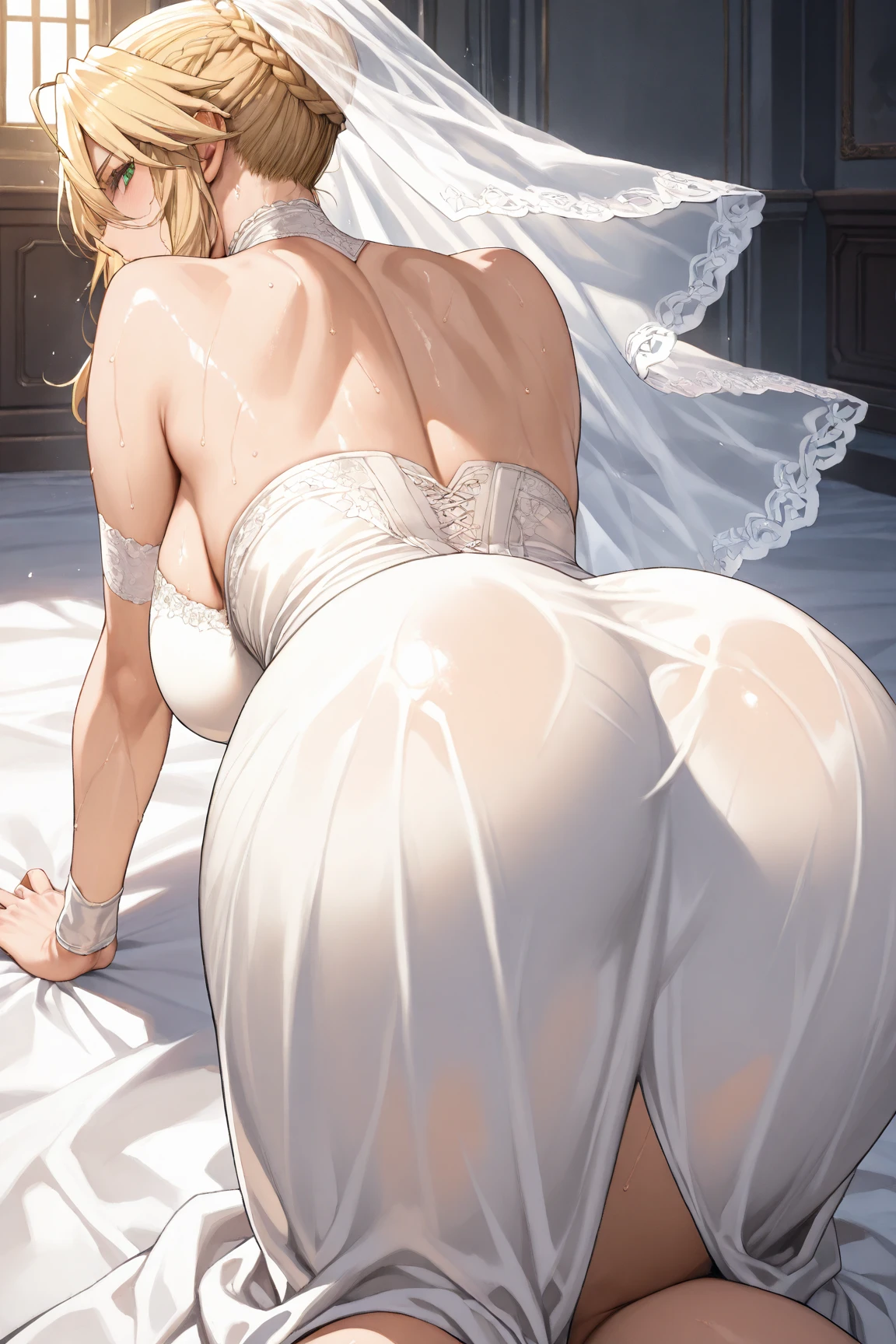 1girl, solo, aphroditeS,  blond hair, hair ornaments, flowers in hair, huge breasts, corset, white corset, cleavage, neckale, golden bracelets, 
masterpiece, best quality, vibrant colors, room, garter stockings, tight tights, Garter belts, panties, white panties, extremely detailed face, extremely detailed hands, bed, sexy pose, wide hips, huge_breasts, oversized gigantic breast, (gigantic breasts:1.0), oversized gigantic breast, extremely detailed legs, (Beautiful_cara:1.5), (estrecho_cintura), ass, big ass, NSFW,