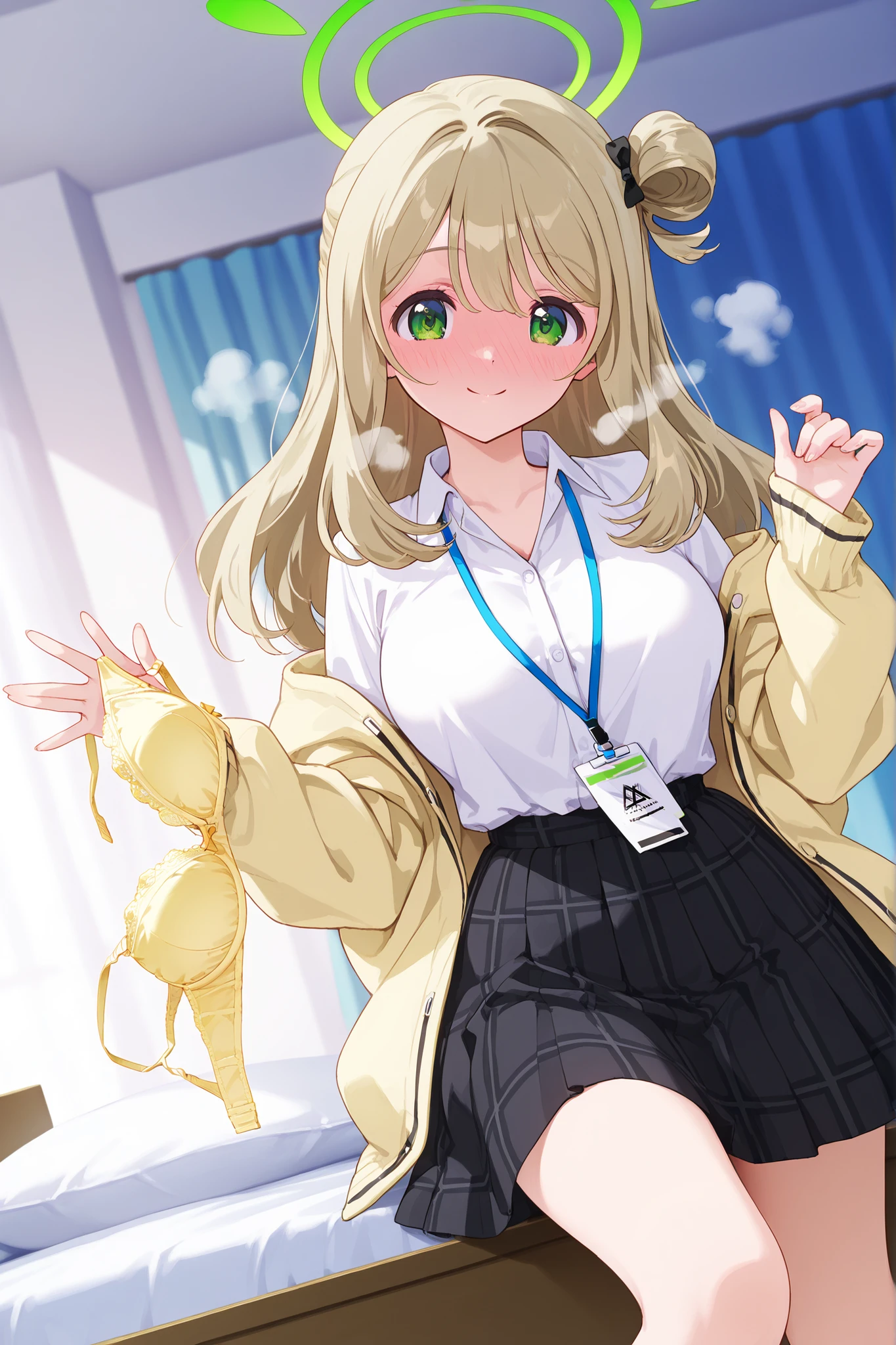 4k anime style,(feet out of frame),top-quality,Top image quality,perfect anatomy,masterpiece,ultra-detailliert,Beautiful、ultra-quality, best quality,high resolution, ultra-detailed,game cg,dutch angle ,beautiful detailed eyes, visualart,five fingers, perfect hands, Smooth anime CG, 8k anime, Best quality, High resolution,Superdetail,Perfect light,high resolution, best quality, Accurate, Anatomically Correct, Best Quality, Masterpiece, perfect hands,BREAK,1girl, nonomi izayoi, long hair, bangs, hair between eyes, green eyes, hair bun, halo, single hair bun, light brown hair, large breasts,
skirt, shirt, school uniform, jacket, white shirt, collared shirt, yellow jacket, id card, lanyard, skirt, black skirt, pleated skirt, plaid skirt, plaid,Beautiful waist,full face blush,heavy breath,little smile,yellow bra underwear,holdingbra, bra removed,on bedroom
