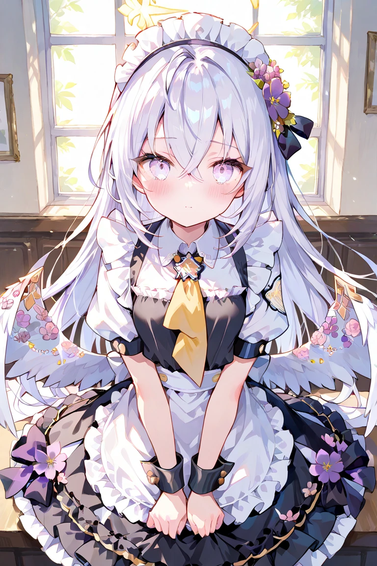 (highest quality)、((Super detailed))、(Ultra delicate)、Cute girl、Silver Hair、、Beautiful breasts、Beautiful thighs、one piece、Sleeping with my knees hugged in a flower field