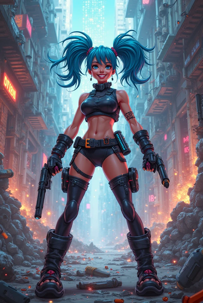 (((Domino Cosplay Girl)))), Neena Thurman, Zazie Beetz, cleavage, (black girl), (black skin:1.35), long (afro curly hair) black, black hair (curly afro), (((afro hair))), (turquoise eyes), ((black bikini) with (turquoise|silver) details), many (((guns))) flying in background, ((bullets)) flying in background, mask, excited expression