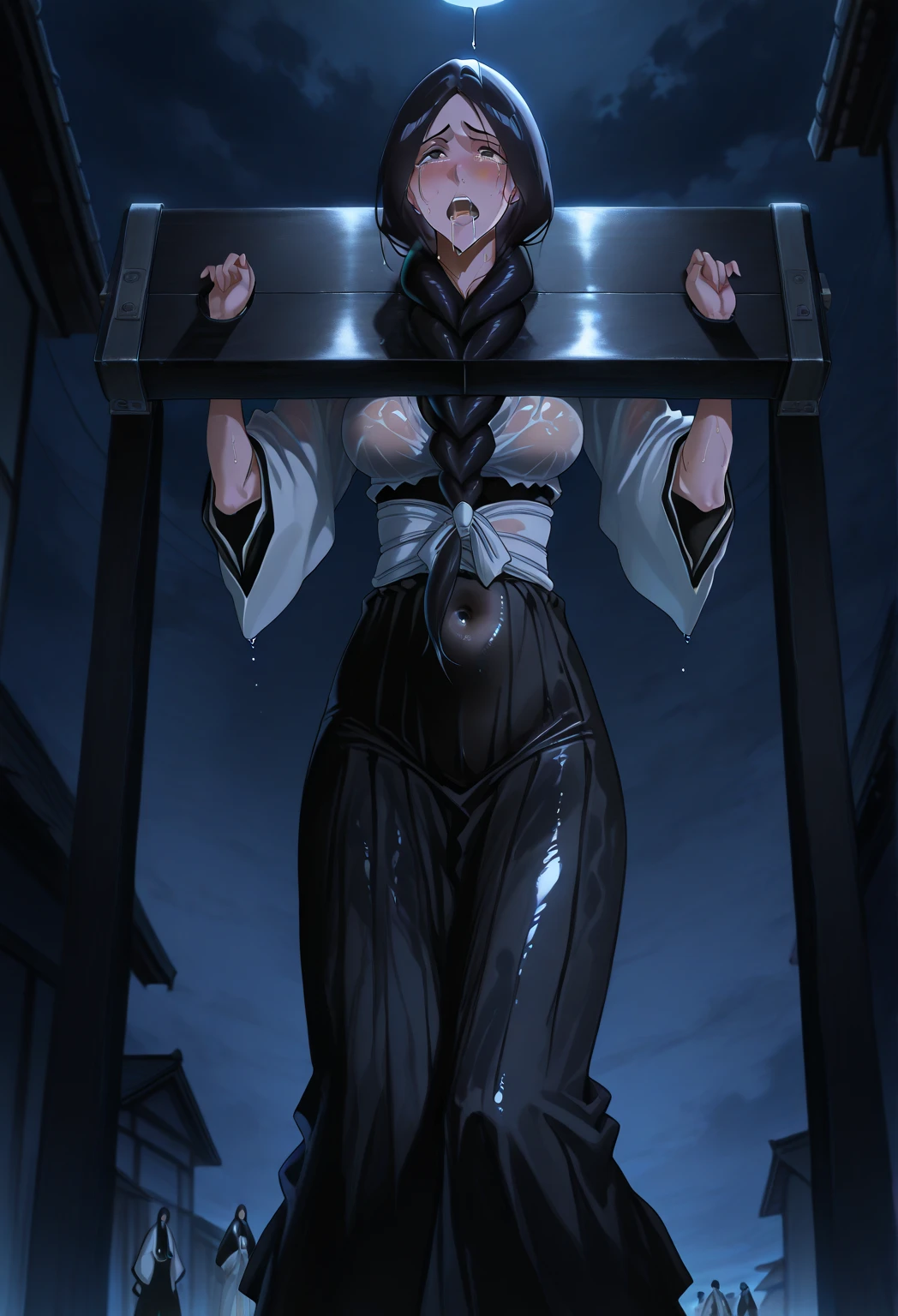 (masterpiece、top-quality:1.2),full body Esbian、ChunLi、dimly lit basement、(Crowded room)、((torture、The whole body is restrained by chains、The body is hung by chains))、((A man is hugging from behind、Your genitals are being touched、ssex))、the areola is protruding, The shape of the pubic area is clearly visible,agony、Train、(((Tears flow, cry with pain)),Dark Fantasy, Bruises, dirty, Ripped clothes, ((BDSM、Spread your legs、Crab crotch、tiptoeing))、Lusting、hard breathing、Sex Expressions、(a large amount of cloudy liquid drips from the genitals)