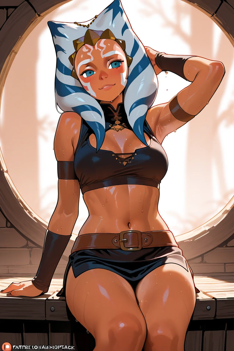 1woman, Ahsoka Tano, Orange skin, long lekku, long montrals, long hair,  wide hips. mature. tall, unconfident, pear shaped figure, Arabian dancer outfit, small breasts, embarrassed,