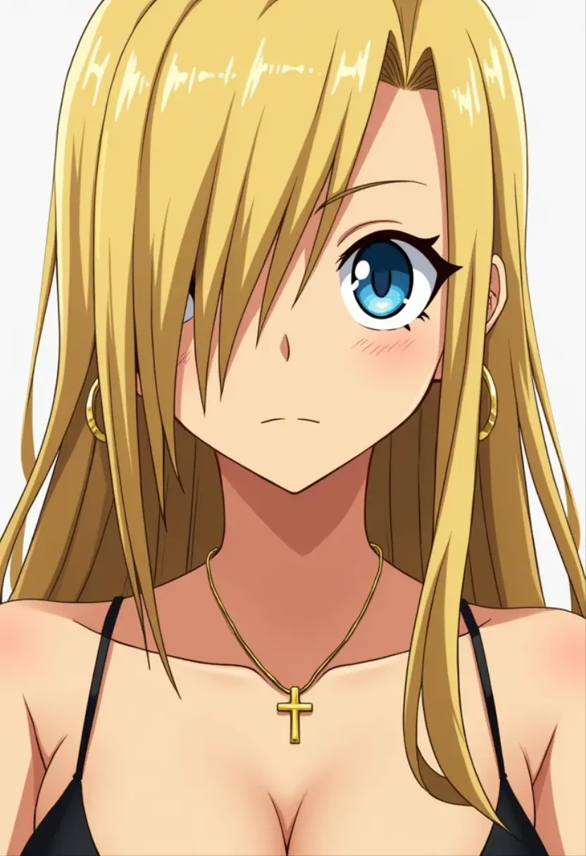 Manga character Fairy tail girl long straight blonde hair blue eyes with eyeliner quite tanned gold Christian cross around the neck thin gold hoop earrings black tank top with thin straps