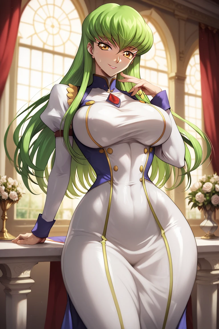 Anime, 1 woman, solo, Melony, melony's hairstyle, Cyan colored long hair, Green Beret, expressive eyes, BLUE eyes, yellow earings, busty, firm plump body, genetics's uniform, Very long skirt, sitting in a sofa with her legs crossed