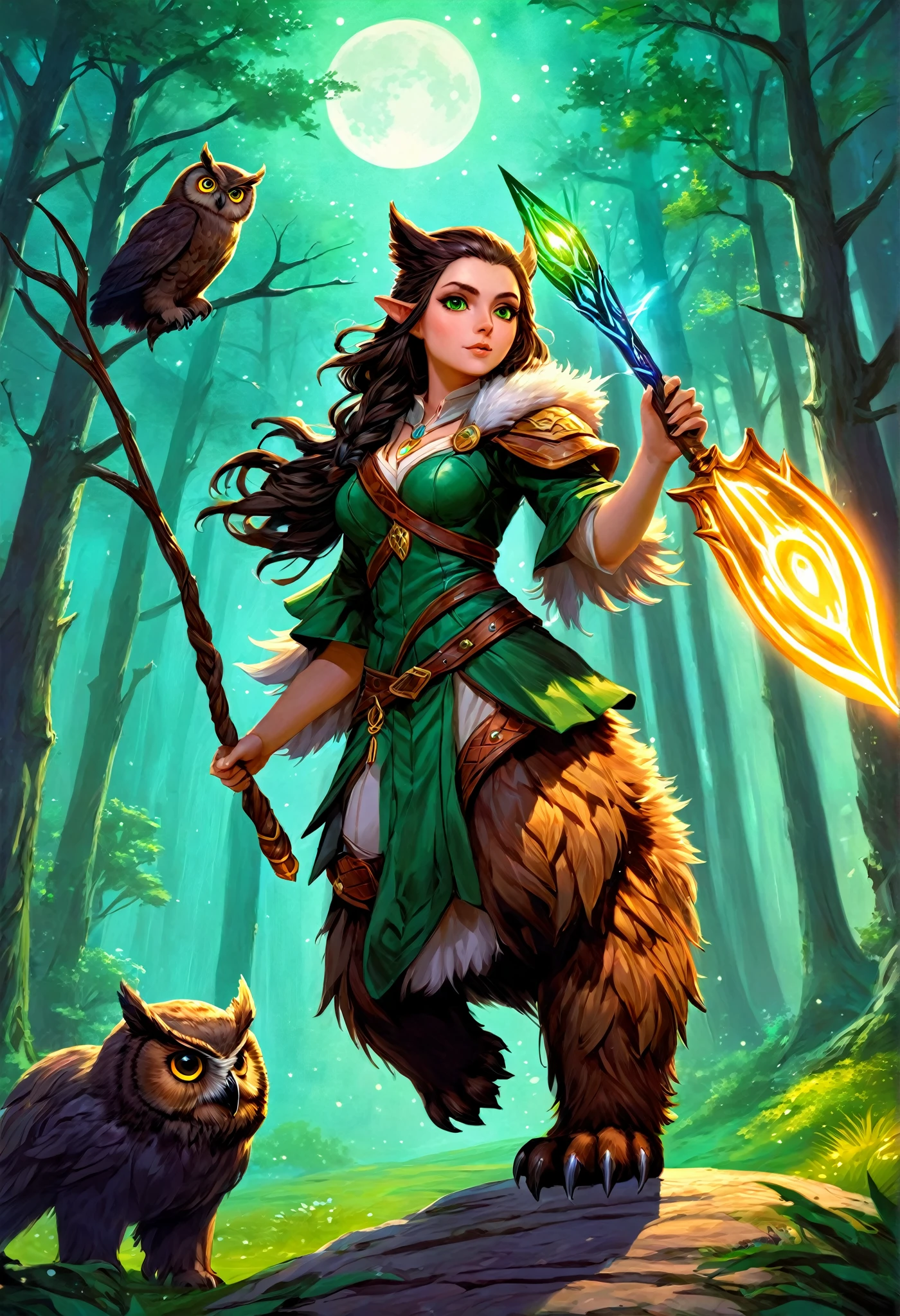 fantasy, 1forest_element_girl, struggle, (use_Leaves_clothing, green_Leaves_cover_breast, Leaves_cover_Cat)+++,Moderate_breast,Dynamic_posture_permanent, Light_Smile, Sleepy, Moderate_hair, belly button,(dark_skin)+, Oil, (Winding_vine_About_trunk)++, (Full and plump)+,forest, Trees_background, Leaves_hat, green_Leaves_cape, catch_Large target_long_staff, thigh,