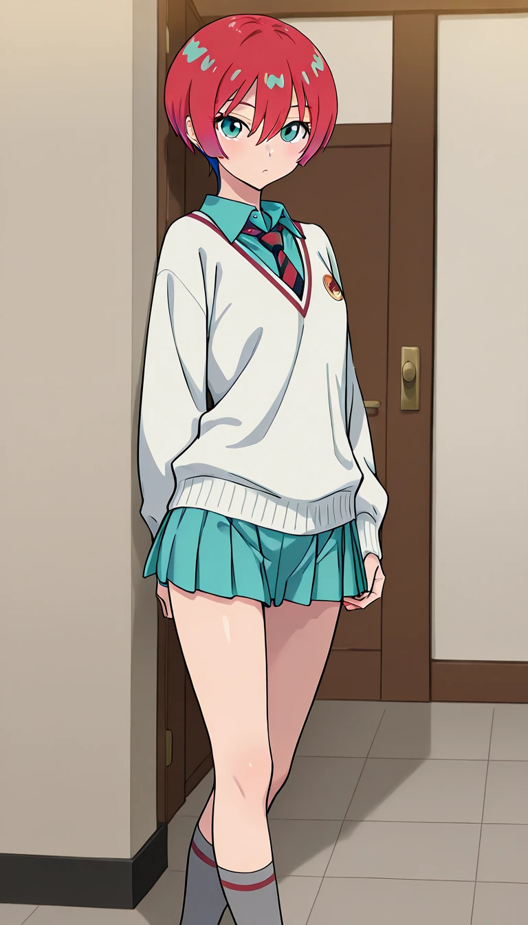 (美しい少女 : 1.3),1人の女の子,(GQuX-amate_yuzuriha,red hair,multicolored hair,short hair,aqua eyes,aqua shirt),(striped necktie,aqua skirt,grey socks,純白の下着,陰毛),笑顔,恥ずかしい,赤面,おでこ,逆さ立ち,屋外プール,飛び込み台,台詞,効果音,masterpiece,最高品質,豊かなコントラスト,高画質,8k,高精細CGユニット壁紙,テクスチャ,信じられないほど不条理,RAW写真,深い境界線 1 .2,非常に詳細な