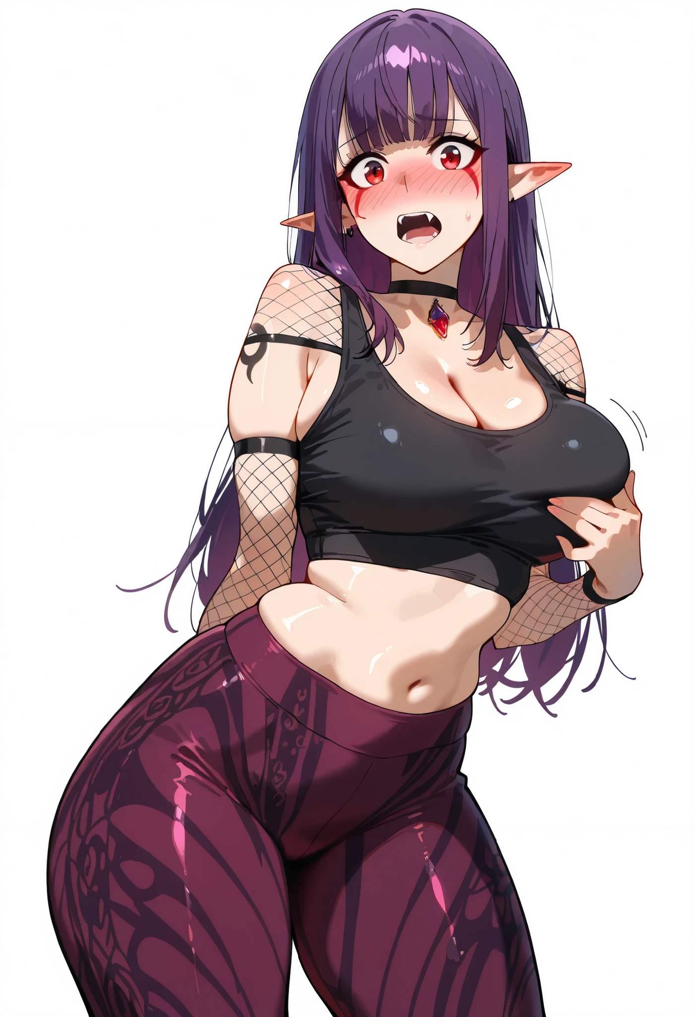 shihouin yoruichi, female, solo, 1female, toned, wide hips, very skinny, very thin, very slim, very slender, thick thighs, ifbb, thin waist, slendered abs, narrow waist, small waist, erection, boner, futa_overflow, futanari, dark, lights out, on all fours, bulge, bulge in the crotch, no panties, muscular, large breasts, big , midriff, boob drop, undressing, revealing breasts, lowering pants, undressing, teasing, cum, cumming, (tanline), purple hair, yellow eyes
