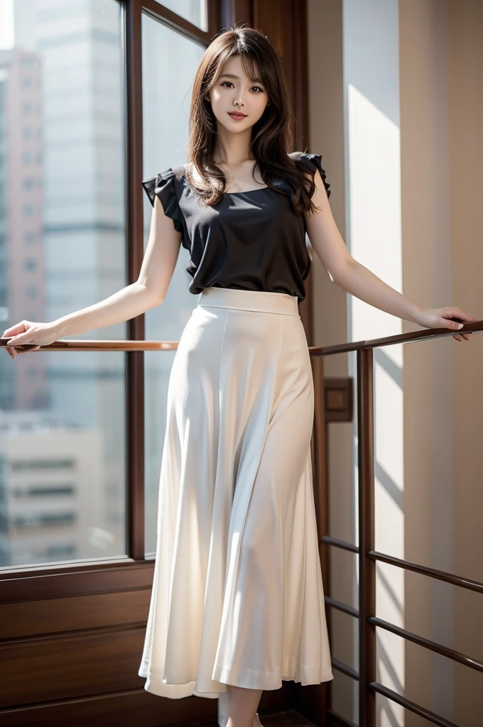 A beautiful lady, asian, Japanese,
Long hair,
Straight sitting on a sofa in a conference room,
Wearing a white camisole,
Wearing a black leather long full skirt ankle length covered the legs,
Wearing white flat shoes,
whole body photo, full body image,
Front camera view,
High resolution, HD Photo,
photographs, photo, real style, 600dpi