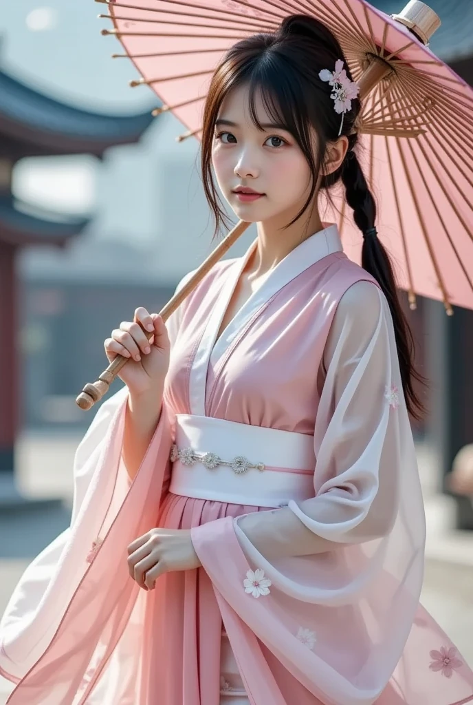 Women wear elegant and traditional East Asian ensembles, features flowing robes in shades of pink and white, and the、.The elaborate design includes intricate floral patterns and、adding femininity and elegance to the、Her outer layer is lightweight, translucent fabric is adorned with pale pink floral motifs throughout、, drapes gracefully over the brighter pink garment she wears underneath. The wide sleeves of her outfit match the floral theme, are enhanced by delicate floral hair ornaments that enhance traditional aesthetics. wide white sash tightens her waist、, adds structure to her flowing silhouette, ribbons and tassels add movement and depth to the overall composition, holding an old Japanese umbrella、She's flying 、Swim gracefully in the sky、Moonlit Night Sky and Her Become One、with soft hues and delicate designs、It gives vibe