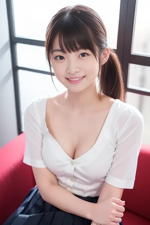 Highest quality, (beautiful)、Mini dress that shows off your breasts、Soft oist eyes、night、Sit on the sofa、Larger breasts、Upper Body、smile、Shoot from above、Hostess