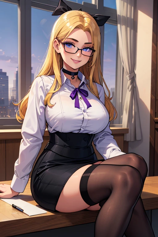 Glasses、Purple lace trim bra, White open shirt, Black Pencil Skirt、Pink love hotel with dim lights、Chuckle、Lightly open your mouth、Evil female executive、adult、Sitting on the bed