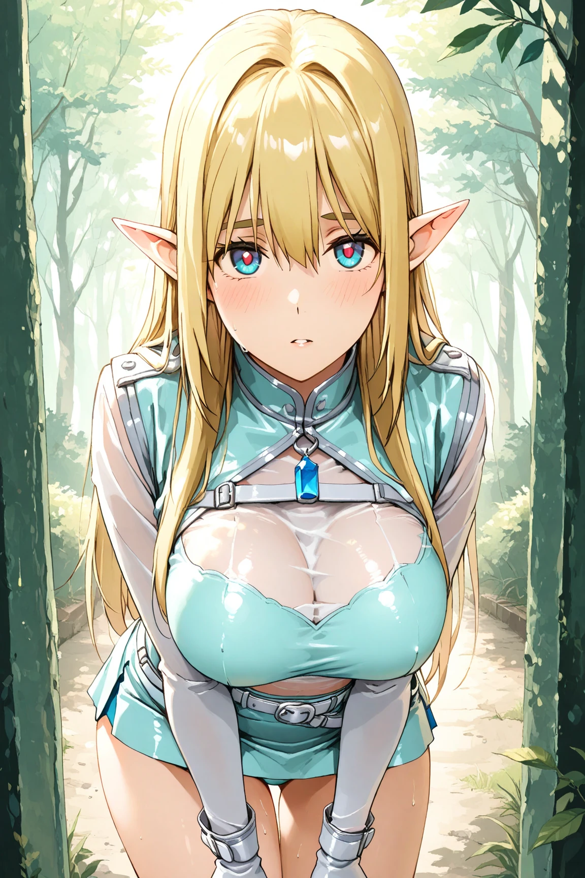 Blonde hair and blue eyes Long Hair Elf Big Breasts naked Wet in the forest Light blue leotard Embarrassing black tights Erotic blush chest Beauty cute