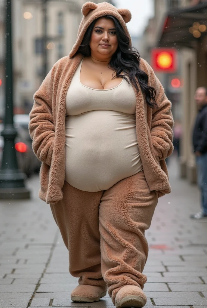 A very obese and fat woman, her weight is 500kg, she is the fattest Asian woman in history. She has white skin, black hair and yellow eyes. She has morbid and chronic obesity. She has a huge belly and her body is very large and fat. She is wearing a rabbit costume that shows and exposes her fat and her belly appears to be getting bigger.