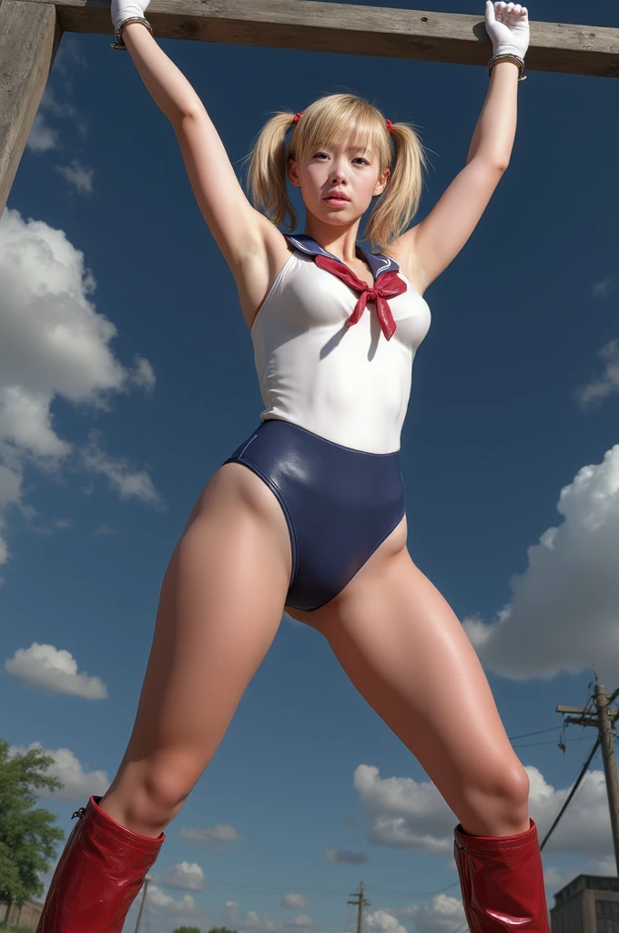 (best quality, 8k, highres, photorealistic:2.0), (solo, one girl:2.0),(lighting: strong),(lighting: front),(The woman opens her mouth wide and screams loudly:1.5),(very muscular girl:2.0),(bodybuilder girl:2.0),(oily skin:2.0),((platinum blonde short hair:1.5),(Squat down on one knee and spread your legs apart.:1.5),(raise both arms behind your head:1.5),(wearing loafers:1.5),short sleeve school uniform, short white shirt, neckerchief, white socks, blue skirt, blue pleated mini skirt, (wearing tiny high leg panties),(Pubic hair is sticking out)
