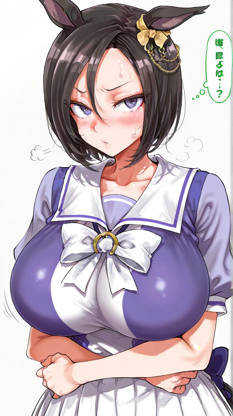 (masterpiece, Highest quality), One girl,  Guest Def, chest, blush, short hair, bangs, blue eyes, Black Hair, hair ornaments, Twin tails, V-shaped eyebrows, parted bangs, Frowning, Bright Eyes, White Eyes, butterfly hair ornaments,