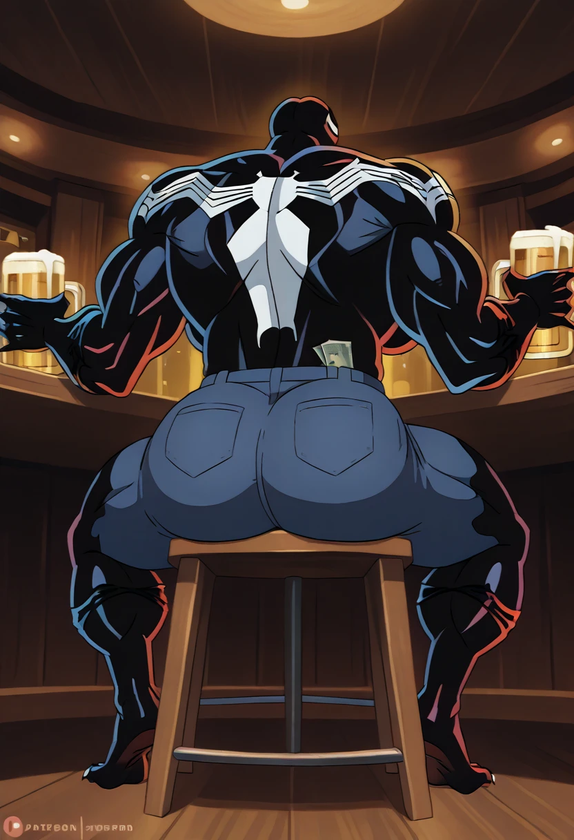 Extremely detailed lora Venom/symbionte,humanoid, (detailed face, Sharp teeth),male, back view, extremely detailed: beautiful ass , (slipping tight underwear t-string) , black body ,muscular, toungue , saliva