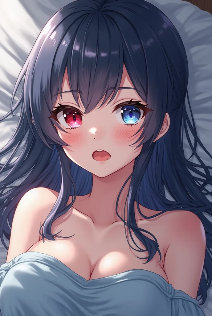 1 girl, Long bright blue hair left side Ponytail, blue eyes with slit pupils, Lying face down on the bed, Make eye contact with the camera, blue eyes with slit pupils, Turning away, (Curvaceous), (((sleepy: 1.14))), (stick out buttocks)))), (pajamas, sleepwear, Underwear, White thighs: 1.12 (bright blue long hair: 1.12), (Ahoge: 0.8), (Blue Eyes: 1.13), Look at the beholder, Big, (cleavage), Beautiful face, (blush: 1.11), (Smile: 0.8)