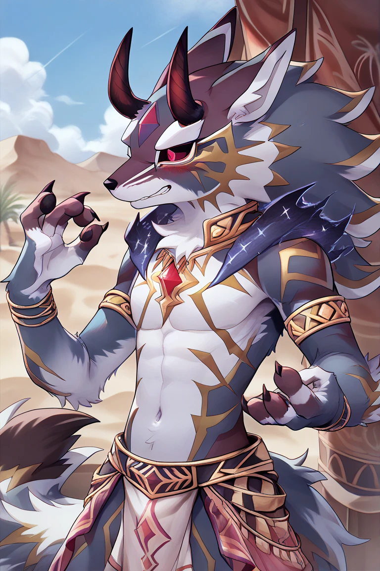 Seto (Tokyo After-School Summoners), Seto(Wandering Longing), Seth (it), Seto, Kazuma Koda, coyote, gold necklace, Gold jewelry, Ear piercing, wear a loincloth, Green Eye, Grey Body, white body, Brown Body, stripes, stripes 몸체, High Quality, 8K, High image quality, NSFW Works, R18, pixiv, shadowy, A composition where the whole body is visible, The right ratio, skiny, Sexy, Sexy muscles, big muscular, Male muscularity, Erotic, blush, Taking off my smile, Shameful, Shame, excited