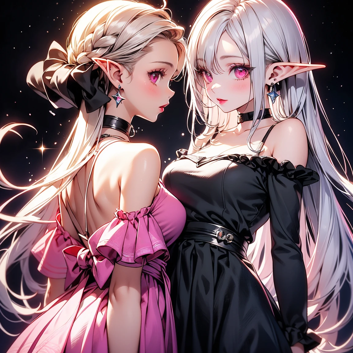 Female ((30year old)), hair ((silver, long)), eyes ((silver, small eyes)), clothes ((satin, short hands dress)), accessories ((chocker, hairpin)), mini breast, flat , oppai, bold make-up, red lips,
