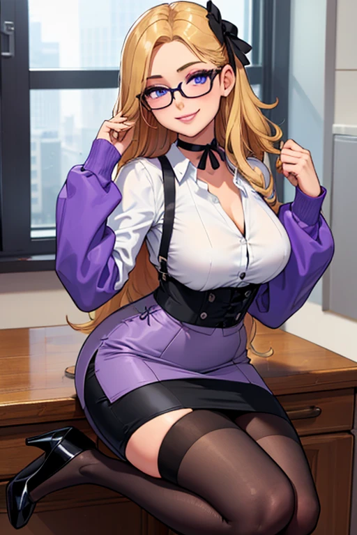(solo) female ,blond ponytail hair, woman (big breasts:1.5), attractive, purple shirt, tight black skirt, lab coat,grey garter belt tights ,fit body, thicc, freckles, freckles on face, smug eyes, (happy expression), she is sitting at the table look to the viewer , violet background, simple background, thick thighs (front view) high heels (purple panties)