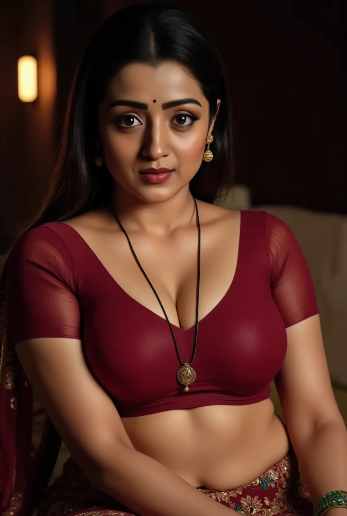 A very close picture of Indian, winding, hourglass figure, very extremely massive Breasts swoop, not wearing bra, visible nipples, bend down and hanging breasts, Shows deep cleavage, Kneeling in ceremonies, French braid hair, necklace, bra less saree, Sexy maroon saree and not wearing bra, Sultry, Alluring eyes, no bra, Look at the viewer and smile, (Cinematic:1.3), Complex details, (ArtStation:1.2