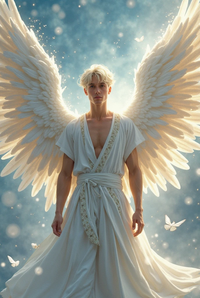 A gentle, white-winged male Asian feature albino angel (simple design) - Soft colors, with a subtle glow, white wavy 8" hair, white skin, purpled color eyes, most handsome masculine male angel, 11'0" tall, white and gold large wings, built-in gold armor on chest and arms, large muscular biceps, large thighs, chiseled ads, define jawline, pearl white lower garment, 32K UHD, masterpiece, best quality, style raw, walking through an enchanted garden of Eden. - Ethereal background, with a subtle texture, naked chest, lined with gold, Large white and Gold wings. the angel is a man