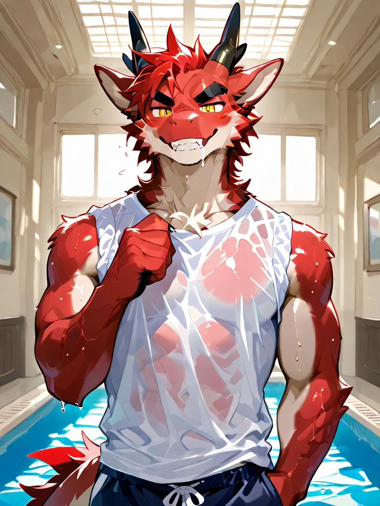 20 year old male bodybuilder anime character wearing red bodybuilder thong with a mullet hairstyle with cat ears while coming out of a pool with suggestive look