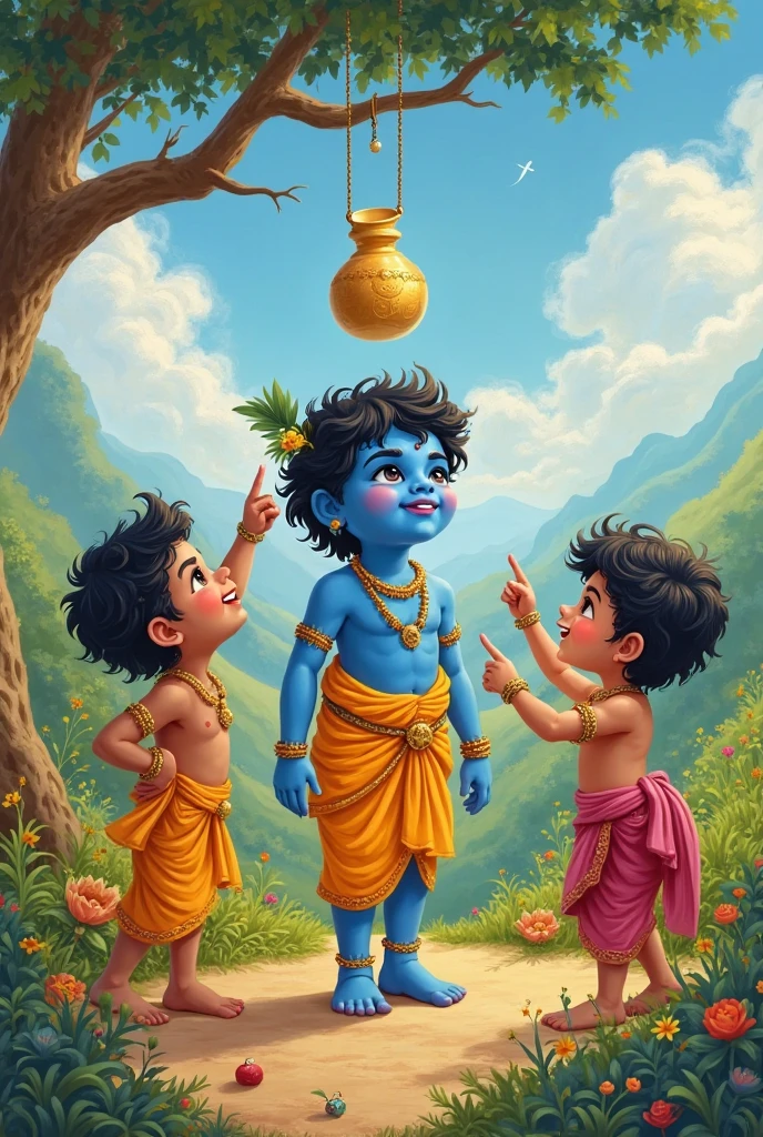 Child Shree krishna with friends, hill, orange  dark blue colour mix sky, tree , rock , river, water fall 