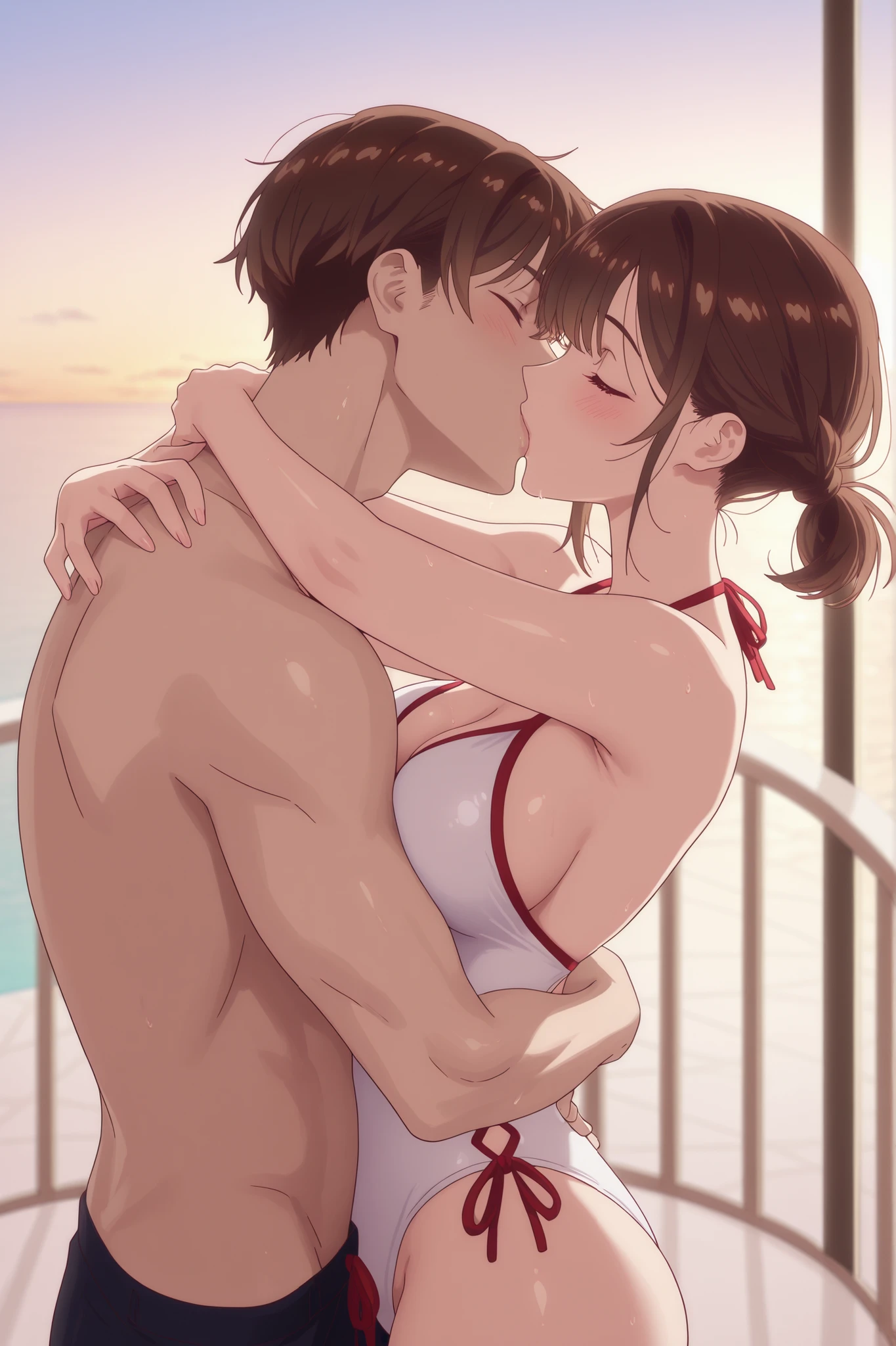 a Japanese woman with medium brown hair wearing a swimsuit、while basking in the morning sun on the balcony of a luxury resort hotel、Hug a man in a swimsuit violently、Kiss me deeply
