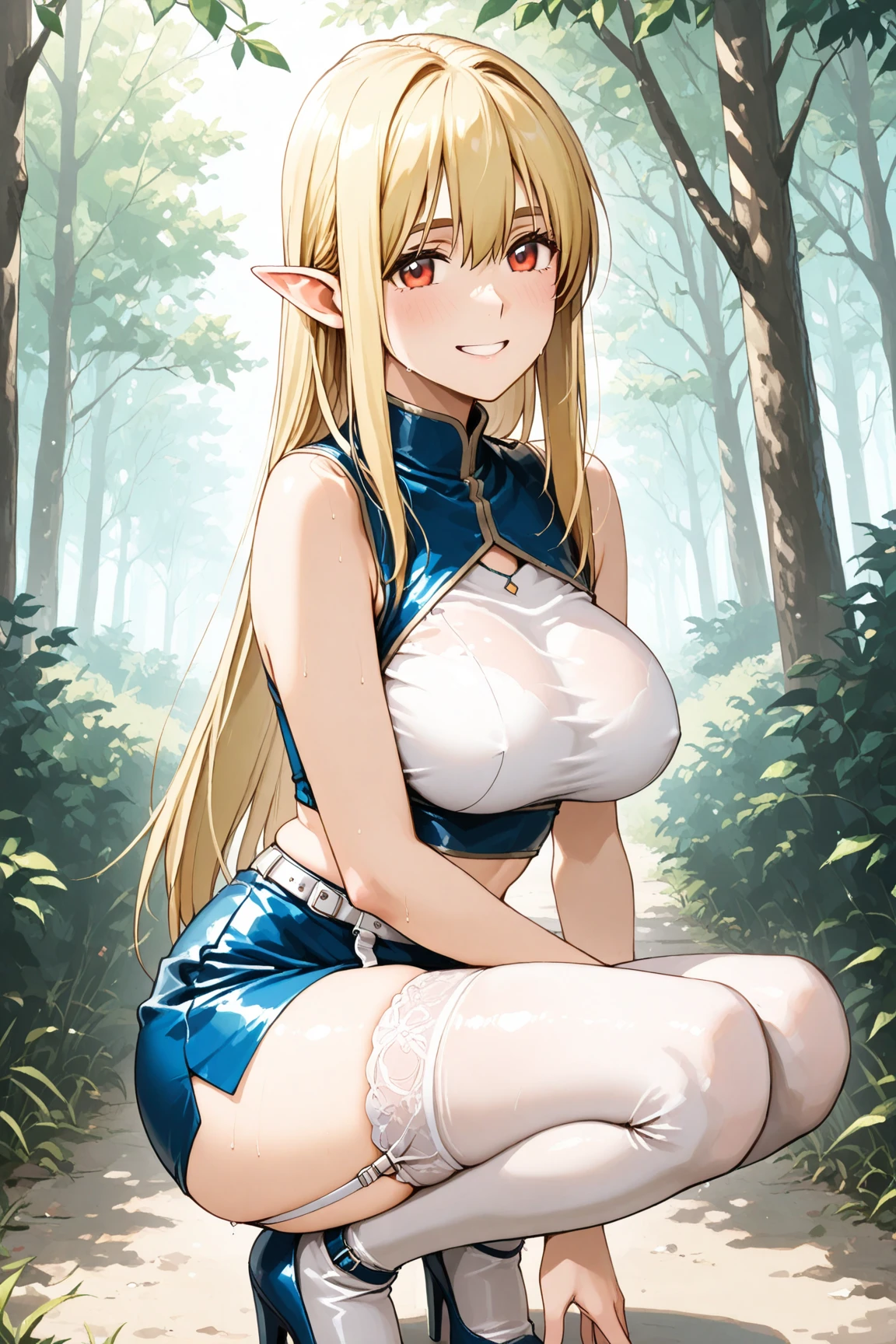 (masterpiece, official art), 1girls, solo, shortstackBT, shortstack, thick, curvy, curvaceous, blonde hair, blue eyes, long hair, elf ears, elf, (closeup), portrait, (gigantic breasts), (huge breasts), fluffy breasts, standing, cowboy shot, at river bank, sunlight, looking at viewer, (upper body), grin, seductive, alluring attire, detached collar, bowtie, (crop top, underboob, miniskirt, baseball cap)