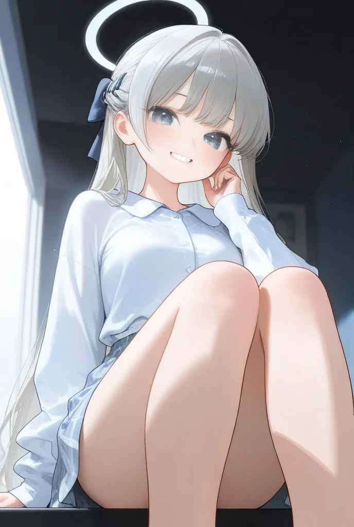 very cute and beautiful girl,(Very detailed美しい顔), (smile),blush,Black Hair,Seraphim,((White Hair、long hair)),(White Shirt、Pleated navy blue pread your legs、Squat)、Sitting、(From below)、(Lace panties), Country road, (Highest quality,masterpiece:1.0),Absurd,High resolution,Super detailed,Very detailed,32K,8k resolution, Intricate details,Movie Scenes,Detailed Background,alone,Dynamic Angle,
