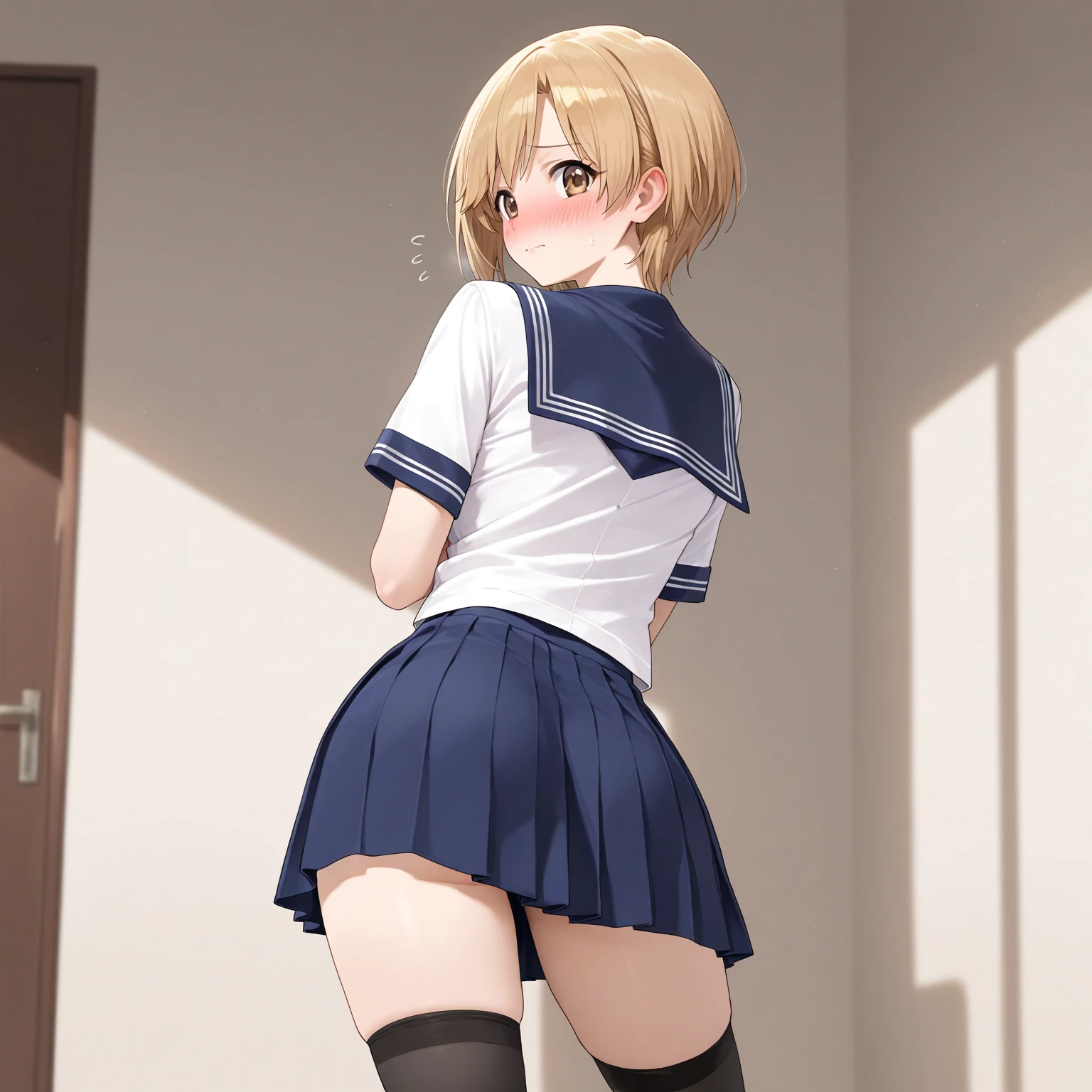 masterpiece, best quality, highres, us1, blonde hair, purple eyes, school uniform, white shirt, blue skirt, neckerchief, white socks, pleated skirt, long sleeves, upskirt,white panties,cute panties,hand on hip, cowboy shot, :i,