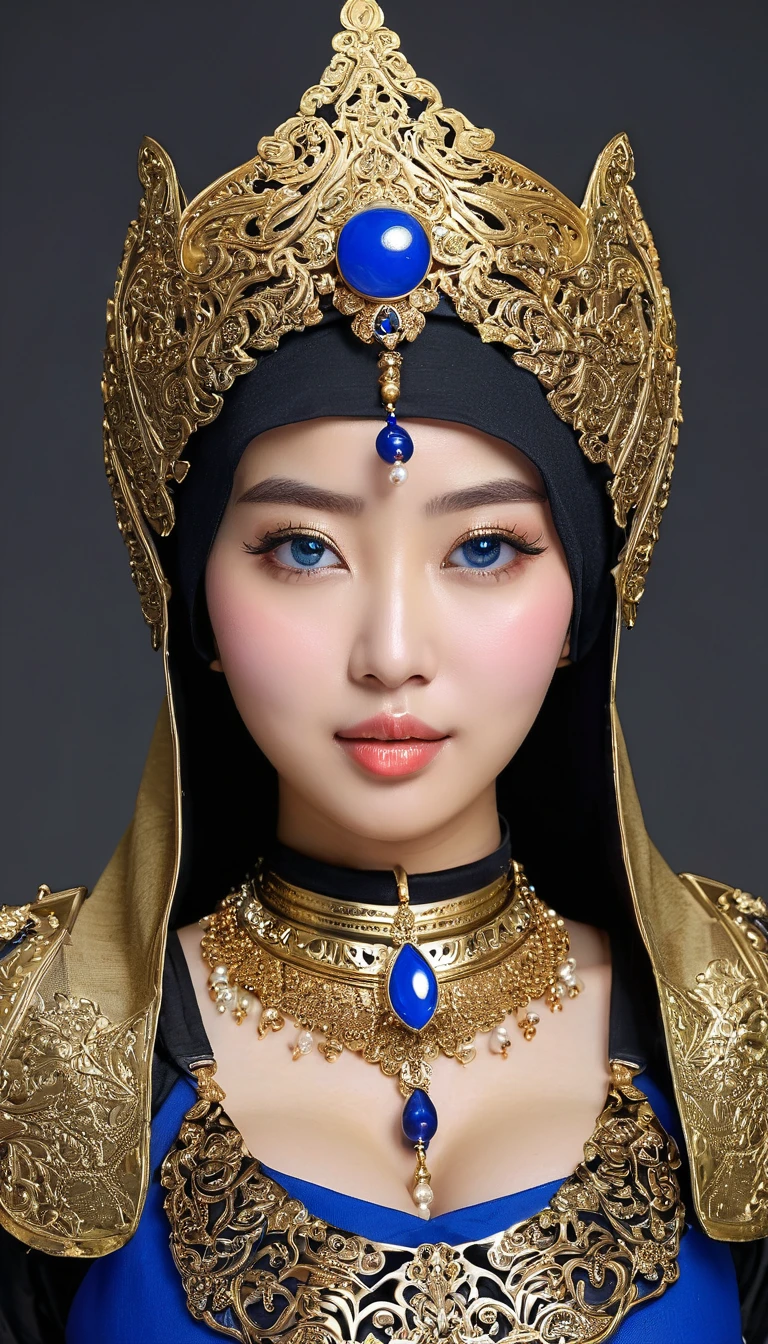 Black woman dressed blue with pearls veo covering head --auto --s2