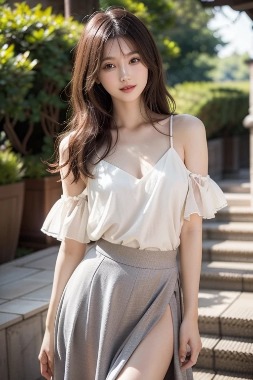 ((top-quality、8k masterpieces:1.3))、(ultra beautiful faces:1.0)、(shinny skin:1.0)、photos realistic、Brown hair, Shoulder-length straight hair swaying in the wind, Video Lighting、High-definition eyes and face、Blouse、Skirt,1 japanese girl, Cute, from the front side、medium breasts、A slight smile