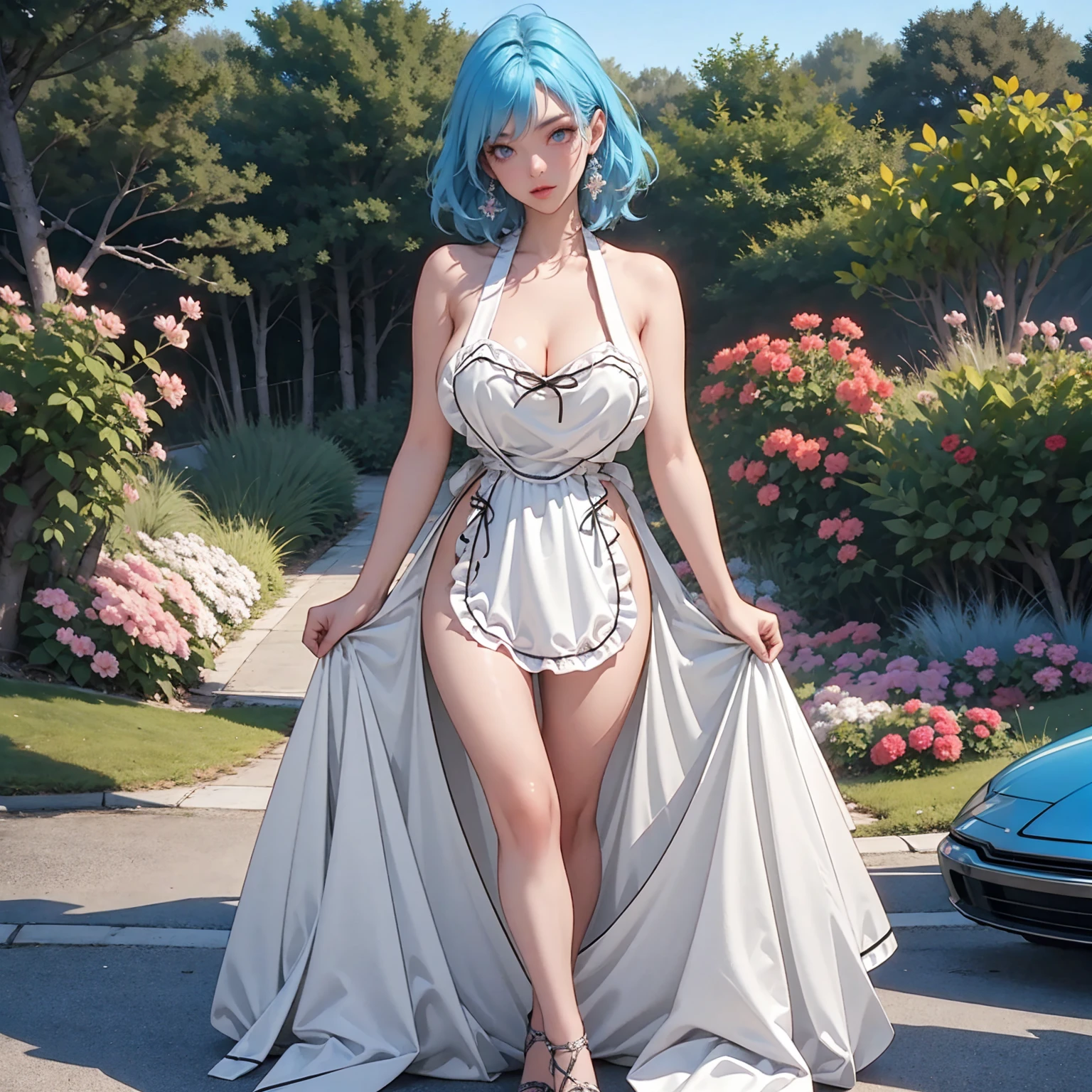 Beauty Girl, blue hair that falls in soft shoulder-length waves. His green eyes stand out and his fair complexion accentuates his delicate features. She dresses a elegant white dress that enhances her distinguished style. Busty. Background garden in the night. Full body