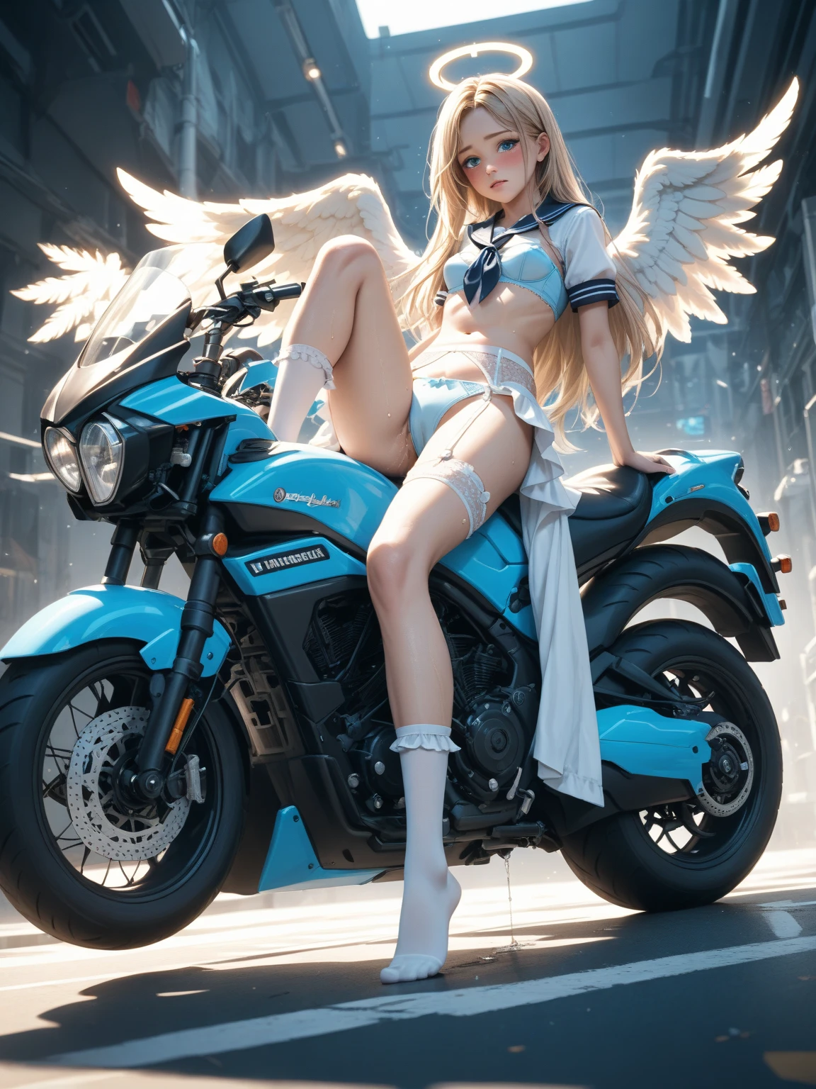 ((top-quality)), ((​masterpiece)), Pitch Resuit、Adult Woman、Sobbing tears、-、orange knee high、)、(small white panty:1.5)、pantyshot、(Colossal tits:1.5)、Puffy nipple、(erect nipples:1.4)、(cum in vaginas:1.5).、Large crowds、mountain pass road、Attention、( hineck sleeveless )、 、(mock neck is orange collar:1.2)、(orange long gloves:1.3)、orange boots、underboob, Wet_Clothes 、(short white angel wings on the back:1.2), (shiny skins, perspired:1.2),、 Large crowds, Brown hair, short bob、Brown-eyed,,grid girl,,depth of view,The eyes are delicate,Sharp pupils,,、(masterpiece, best quality, 8K、girl)、(low quality、CAR)、show off panties